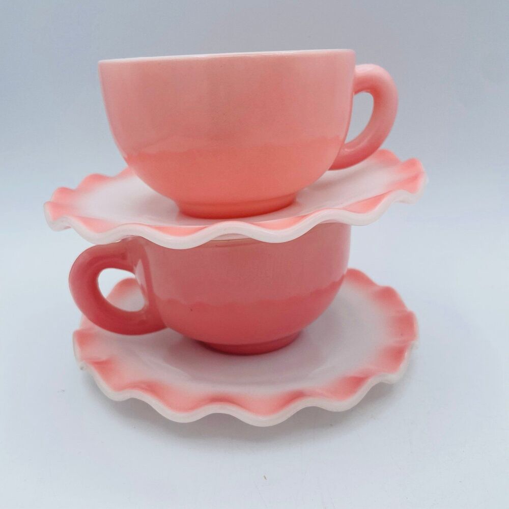2 Vintage Hazel Atlas Ruffled Saucers Pink Ripple Crinoline Cups Milk Glass